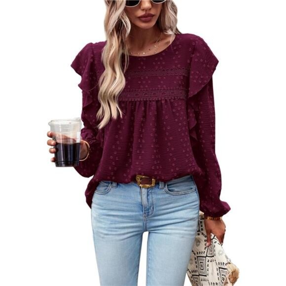 Tops - Women's Long Sleeve Blouses Wine Red